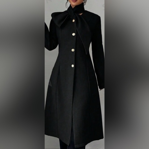 Classic Tan Tie Neck Button Pockets Coat Jacket - Picture 4 of 7